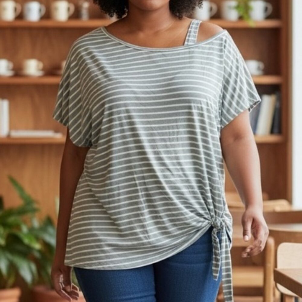 911-914 WOMENS SAGE/WHITE STRIPED OFF THE SHOULDER TOP BY HAPTICS